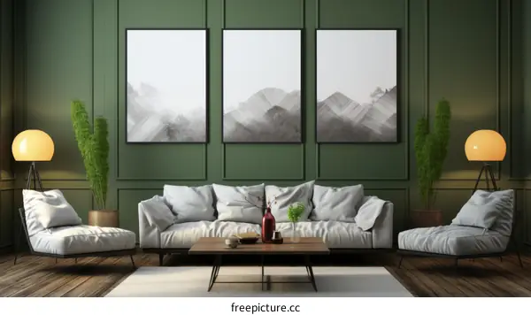 Stylish Living Room with White Modern Sofa and Green Walls