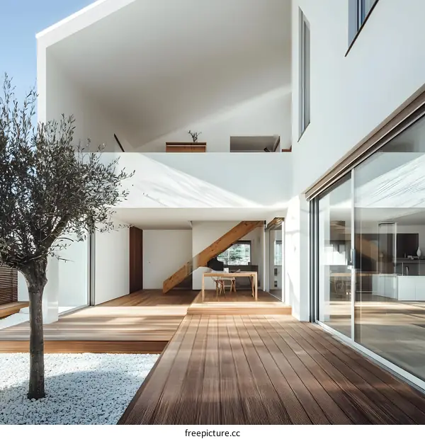 Modern House with Wooden Deck and Olive Tree