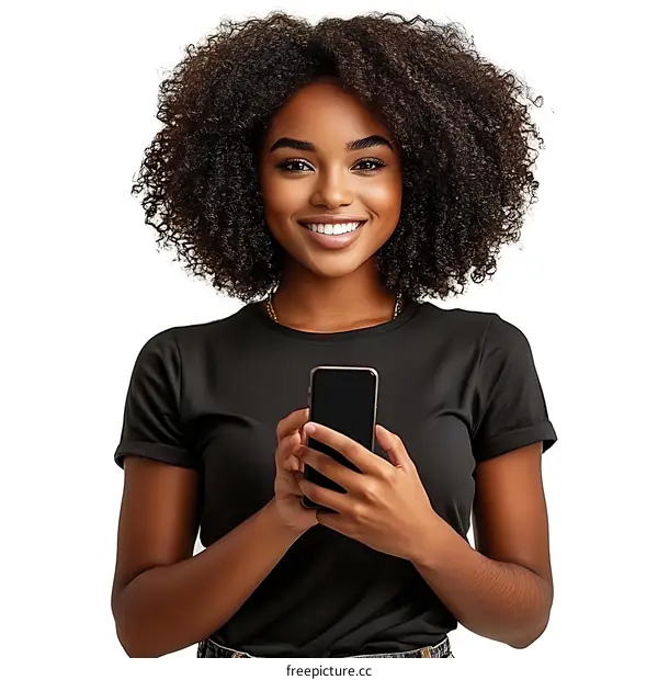 Happy Young Black Woman Using Smartphone