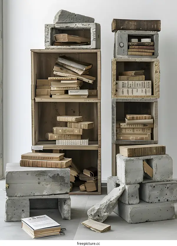 Concrete and Wood Bookcase with Old Books