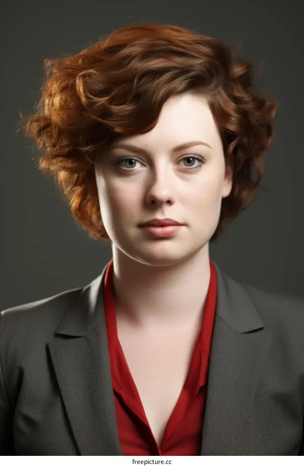 A young woman with red hair and green eyes wearing a suit
