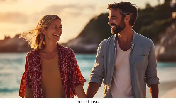 Couple Walking on Beach at Sunset Holding Hands