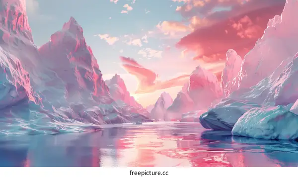 Tranquil Fantasy Landscape with Pink Clouds and Icy Mountains