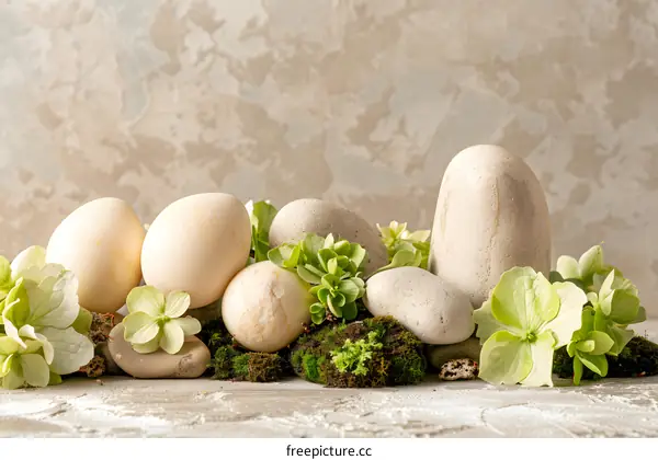Closeup Still Life with Eggs, Stones, Flowers and Moss