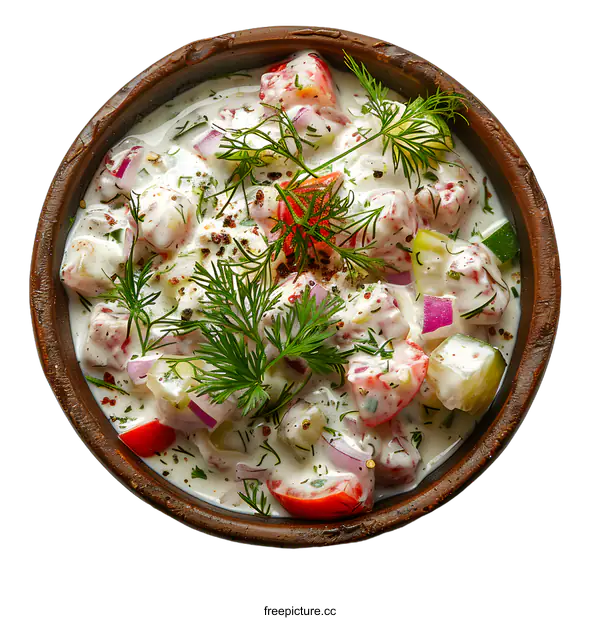 [Transparent Background PNG]Refreshing and healthy salad with tomatoes, cucumbers, onions and dill in a ceramic bowl