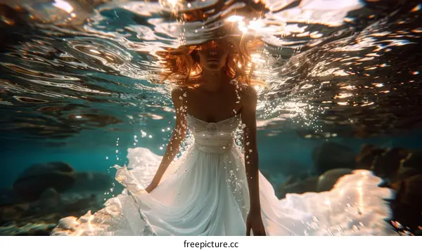 Woman in White Dress Floating Underwater