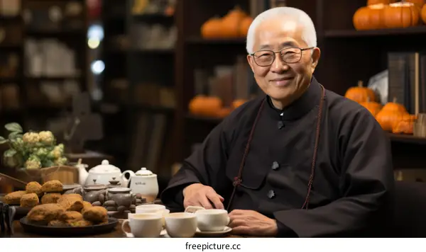 Portrait of a smiling elderly Asian man sitting at a table with teacups and plates of food