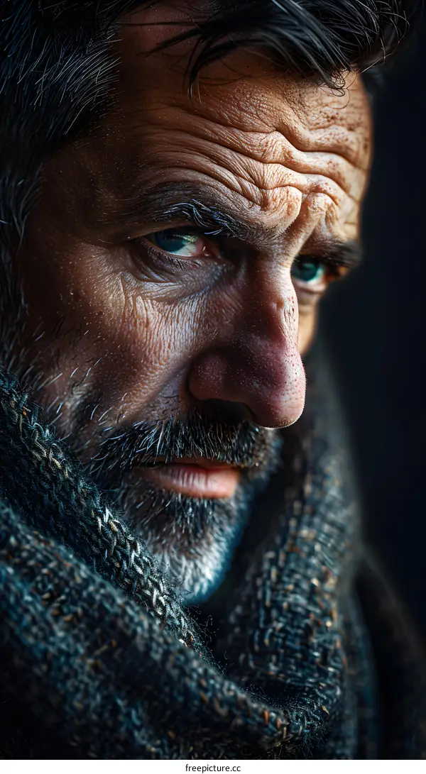 Close Up Portrait of an Elderly Man with Gray Beard and Blue Eyes