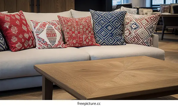 Colorful Cushions on a Light Beige Sofa with Wooden Coffee Table