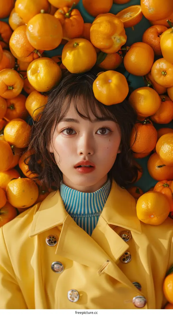 A young woman with short brown hair and brown eyes is surrounded by a pile of mandarin oranges.