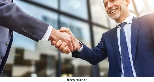 Two Businessmen Shaking Hands In Front Of Office Building