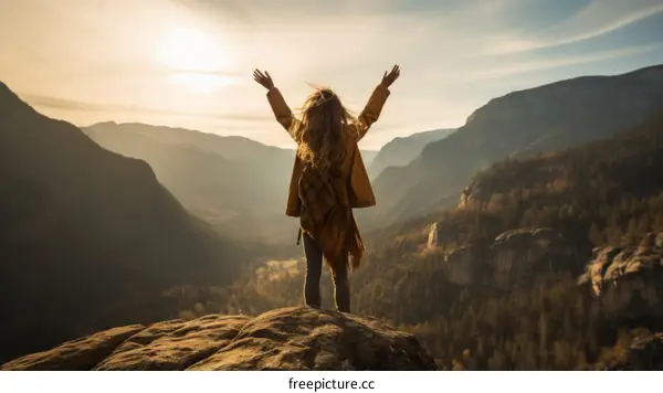 Young woman standing on a cliff with her arms raised in the air
