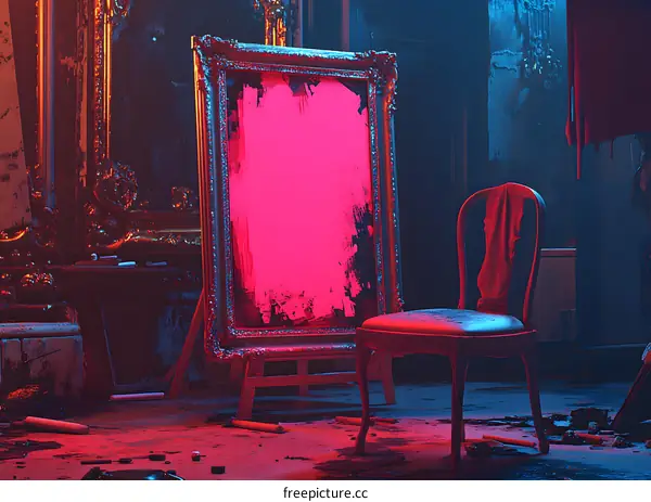 Empty Chair and Canvas in a Room with Neon Lights