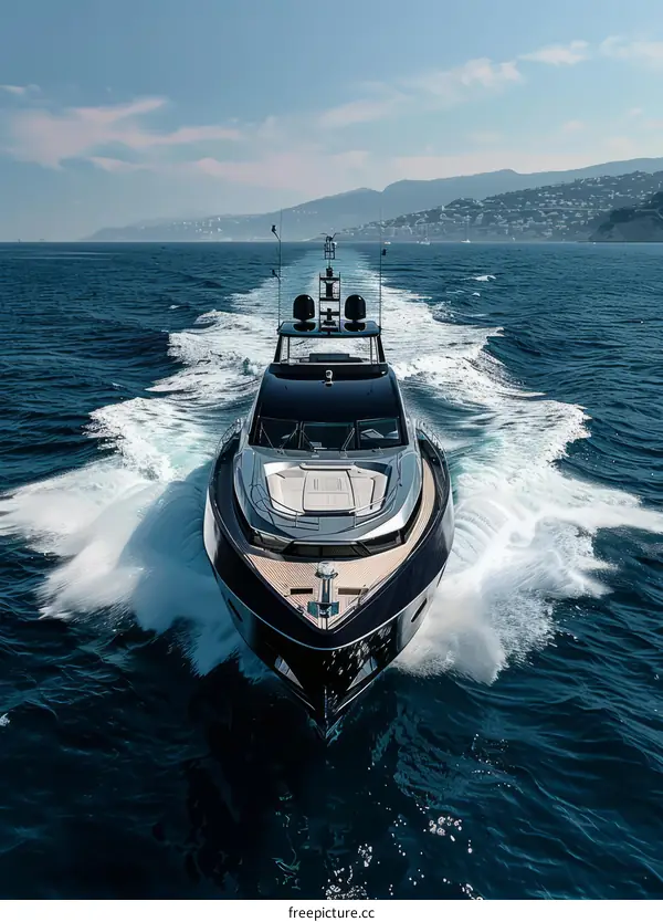 A black and white yacht is cruising in the sea with a beautiful landscape