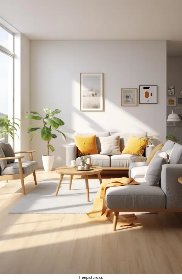 Bright and airy living room with large windows and gray sofa