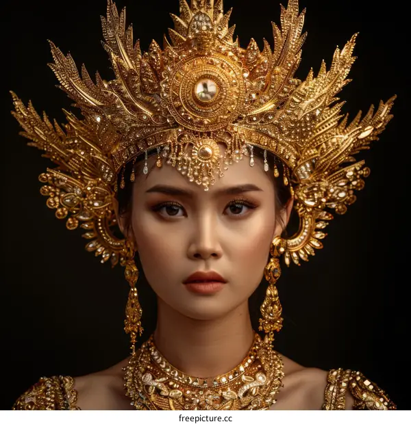 Portrait of a Javanese woman wearing a traditional golden headdress and jewelry