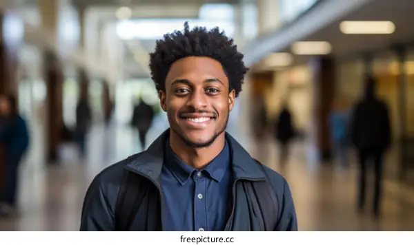 Portrait of a smiling young African-American man on a college campus