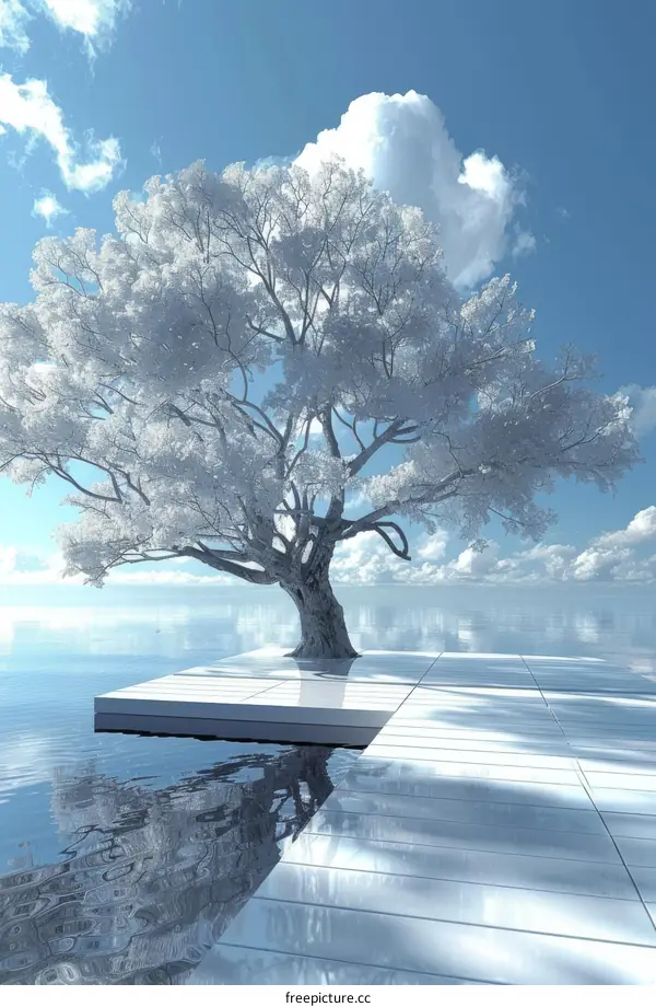 Surreal Winter Landscape with a Lonely Tree Reflected on a Lake