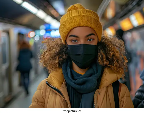 A young woman wearing a mask on a subway platform