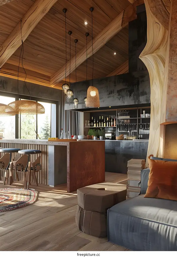 Modern Rustic Interior Design with Wooden Beams and Pendant Lights