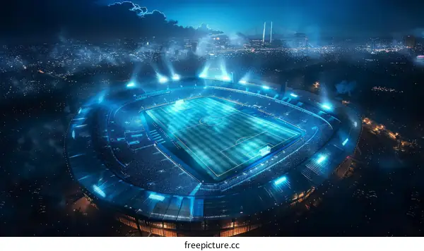 The night view of a soccer stadium with a blue atmosphere