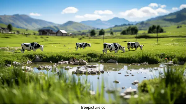 Cows grazing in a lush green field near a pond on a sunny day