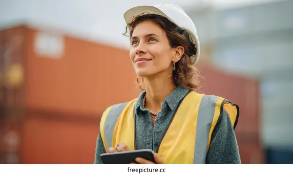 Female worker in safety gear using a tablet outdoors