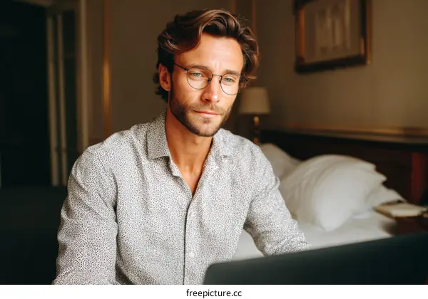 A Caucasian Man Working on Laptop in a Hotel Room