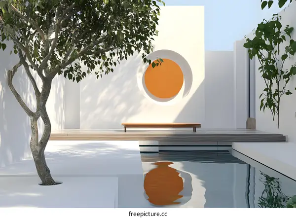 Minimalist Modernist Architectural Design With Circular Window and Tree