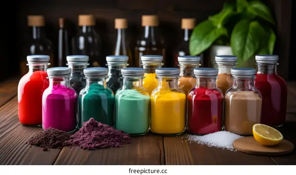 Colorful powders in glass spice jars with a wooden background
