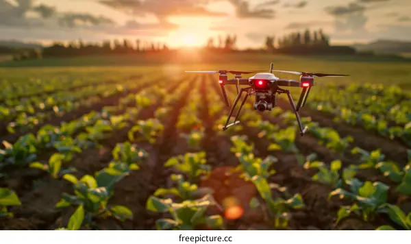 A drone is flying over a field of green plants.