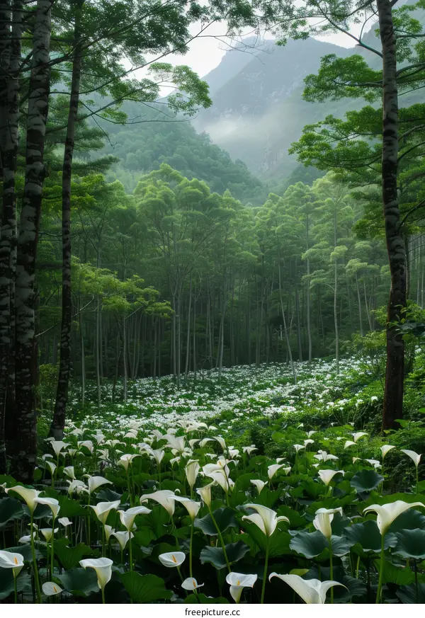 White Calla Lilies in a Forest Setting