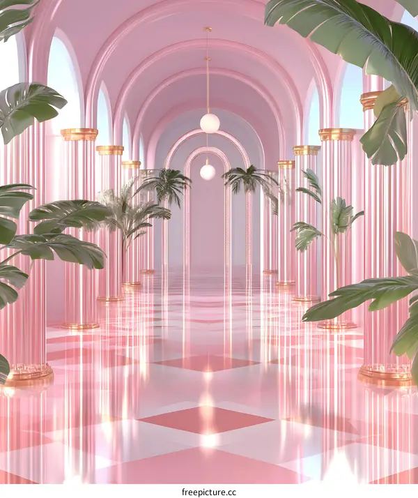 Pink Hallway With Glass Columns And Palm Trees
