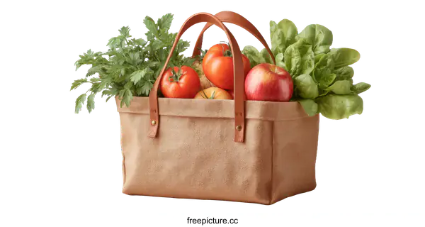 [Transparent Background PNG]Beige Canvas Grocery Shopping Bag Filled with Produce