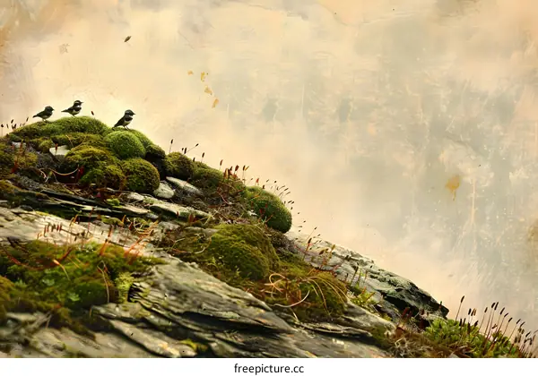 Three Birds on a Moss Covered Rock