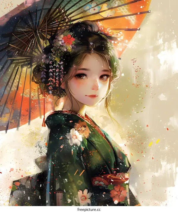 Illustration of a Japanese girl wearing a kimono, holding an umbrella, with flowers in her hair