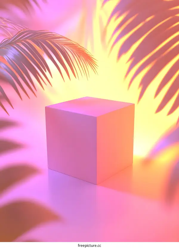 Minimalist Pink and Yellow Product Display with Palm Leaf Shadows