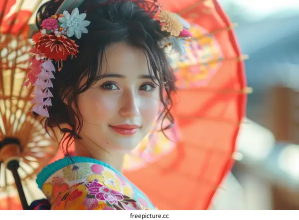 Portrait of a beautiful Japanese woman in traditional kimono