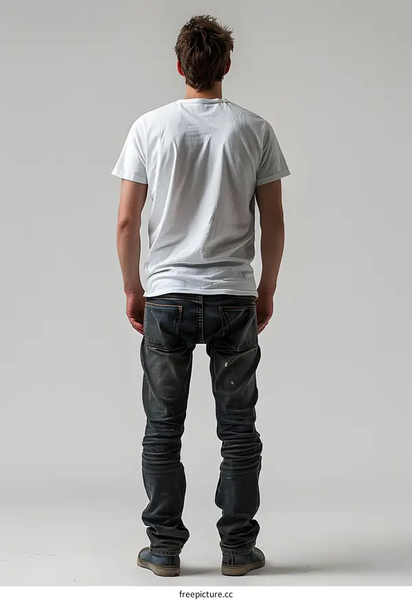 Man standing with his back turned in a studio setting