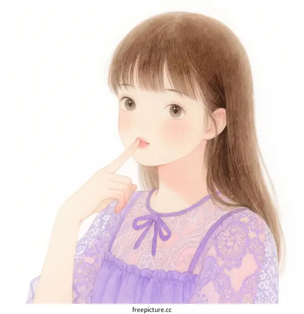 A Young Girl with Long Hair Wearing Purple Lace Dress