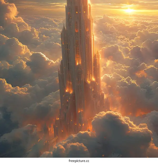 Fantasy golden tower above the clouds