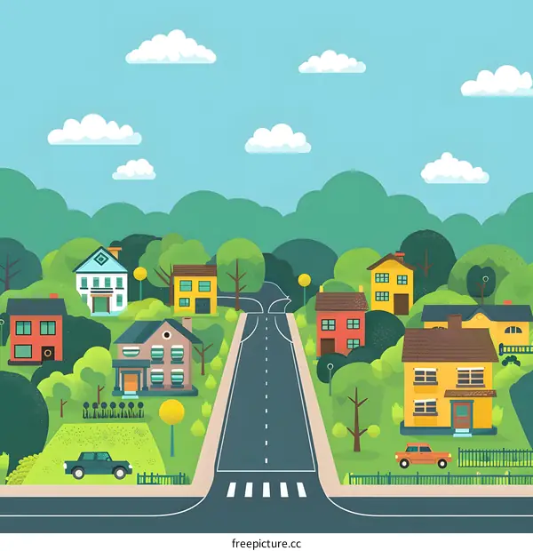 Cartoon Illustration of a Small Town with Houses and a Road