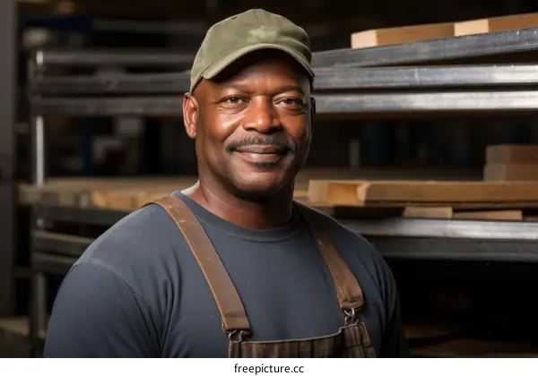 Portrait of a smiling African-American man wearing a green cap and blue overalls in a warehouse.
