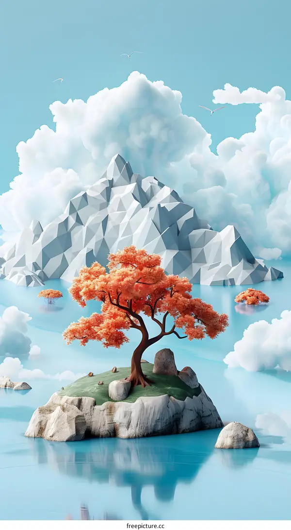 Surreal Landscape with Red Tree and Geometric Mountains