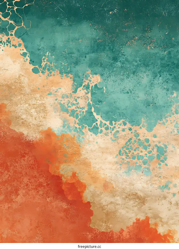 Abstract Watercolor Painting with Teal Orange and Beige Colors