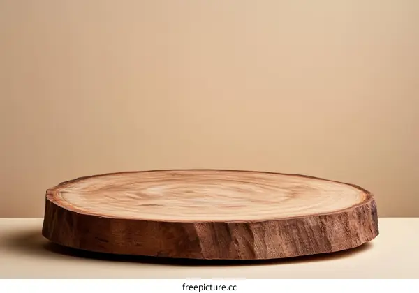 Wooden Slice Display Stand on Beige Background