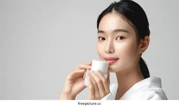Beautiful Asian Woman Holding Skincare Cream