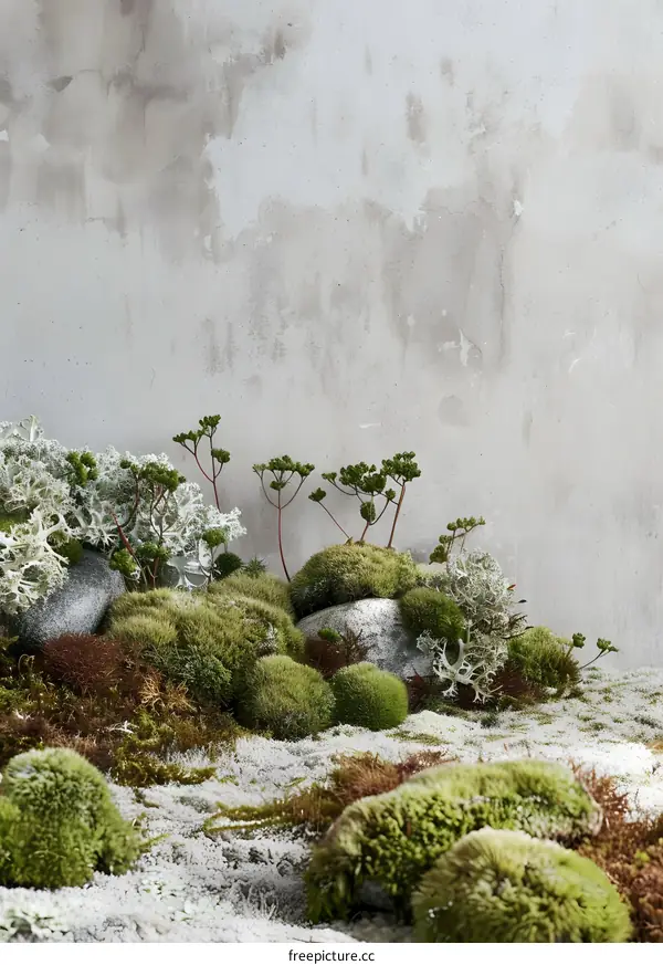 Green Moss on a White Wall Background