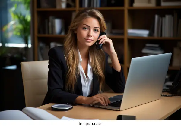 Confident businesswoman talking on the phone in her office