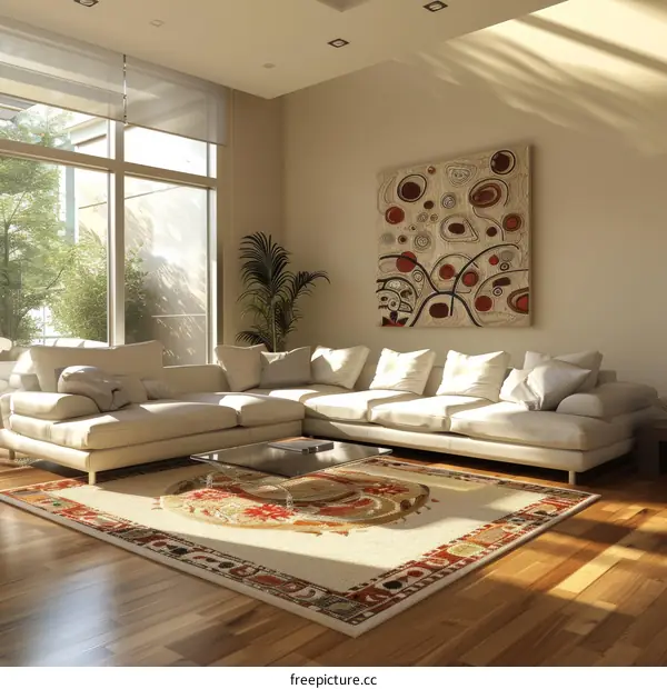 Bright living room with white sofa and patterned rug